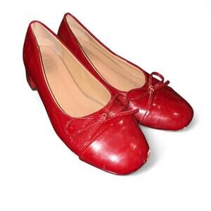 Red Faux Leather Patent Ballet Flats w/ Bows 1.5 in Heel 8 Gossip Girl Preppy